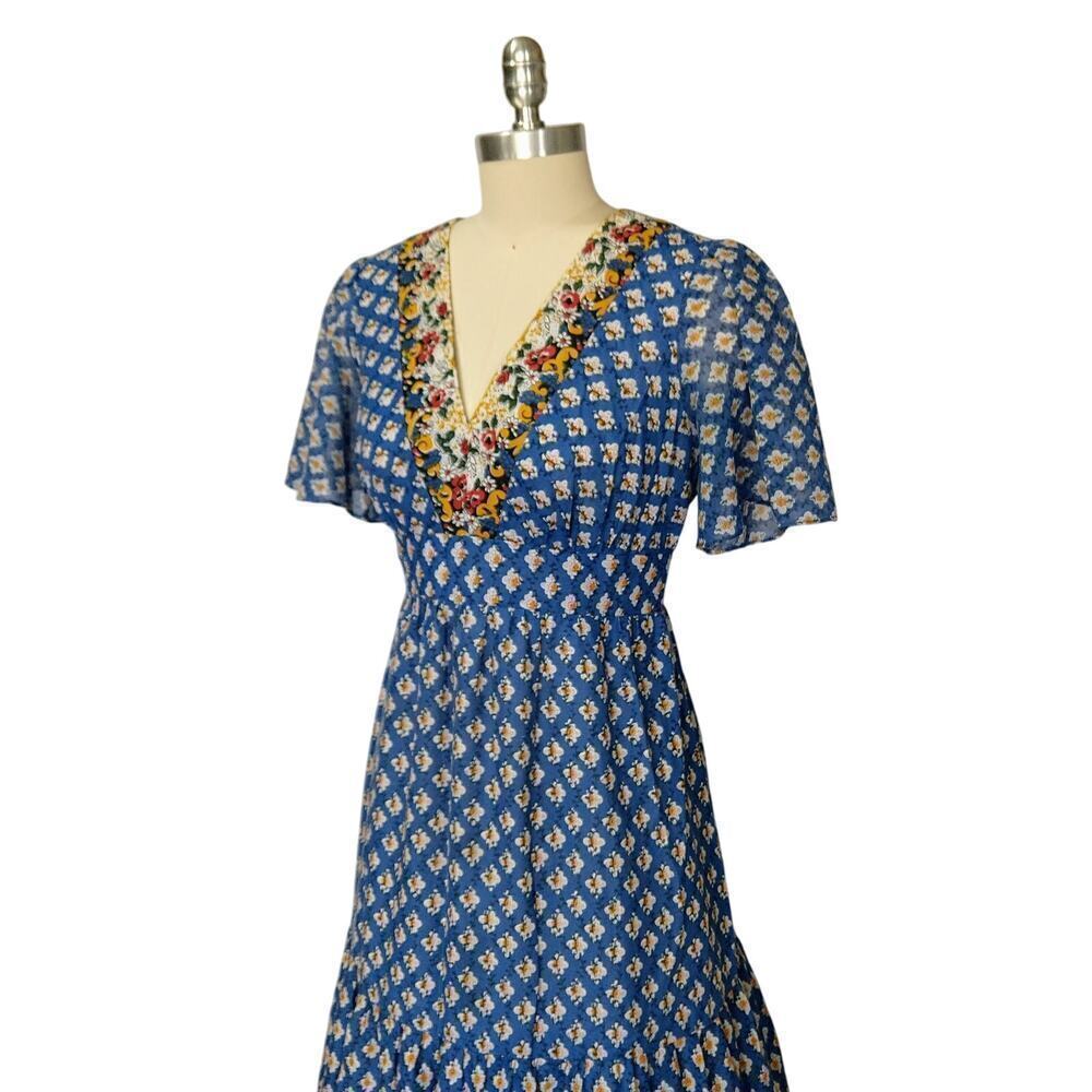 Vintage 70s Prairie Maxi Dress Size M 11 Blue Floral Calico Tiered Terri Juniors - Picture 3 of 12